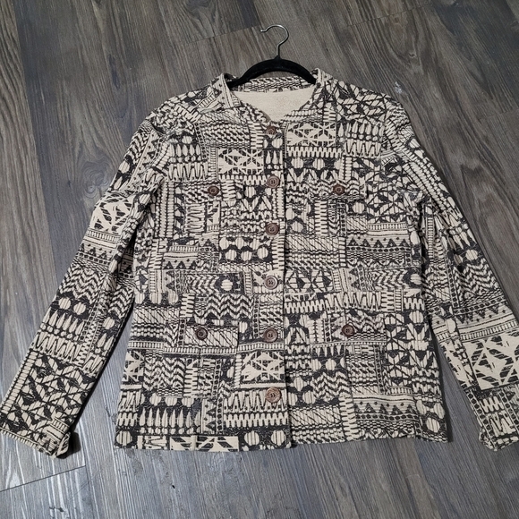 Jackets & Blazers - Charter Club Tan Jacket Beige 80s 90s Ethnic Geo Print Size M Button Up Cotton
